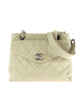 Chanel Vintage Quilted CC Logo Turnlock Ivory Silver Leather Chain Shoulder Bag